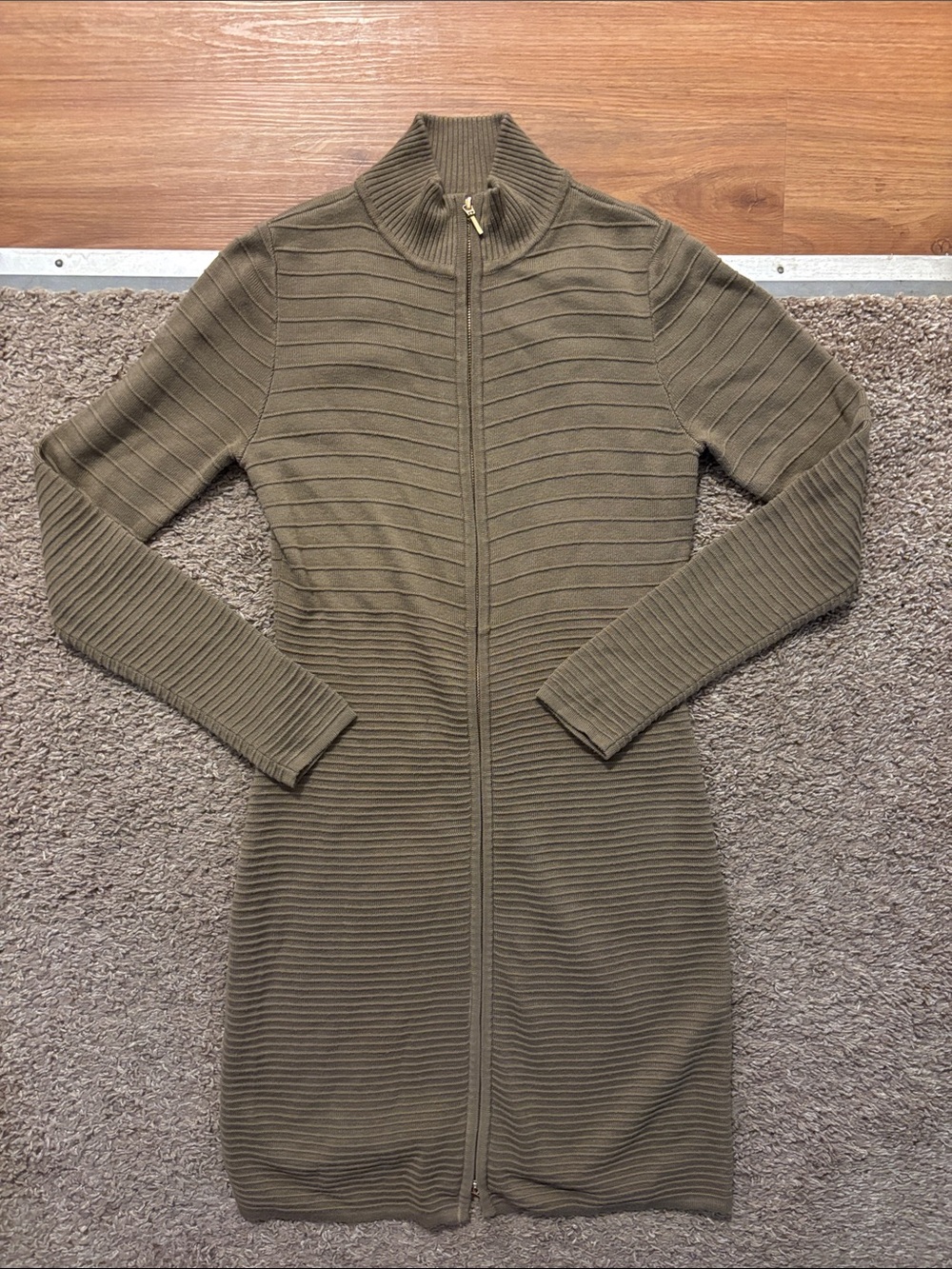 Calvin Klein Woman’s Sm Olive Green Ribbed Full Zip Up Dress Long Sleeve NWOT